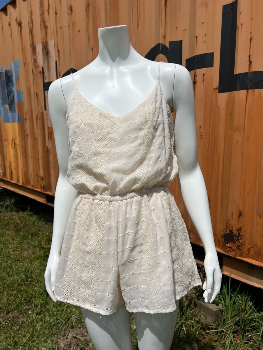Plum Pretty Sugar Cream Embroidered Romper with Spaghetti Straps